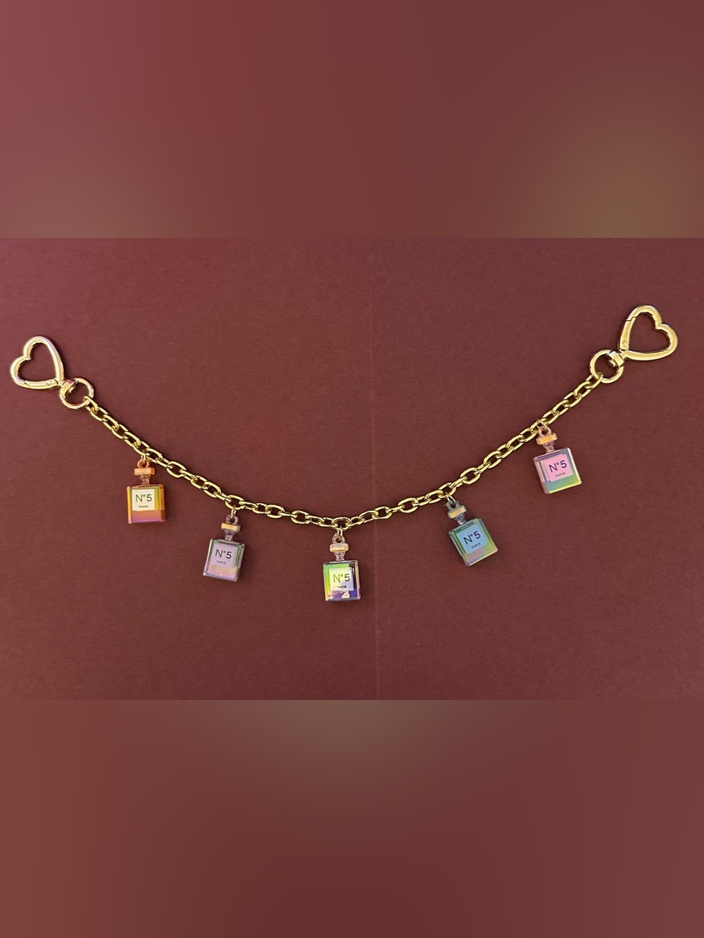 Gold Bag Chain with Iridescent No.5 Perfume Bottle Charms NWOT